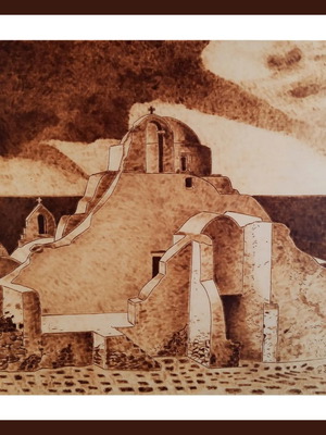 Mykonos Landscape Pyrography Painting on Linden Wood new