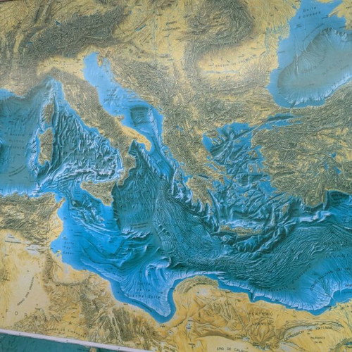 Large physical geomorphological map of world and Mediterranean like new