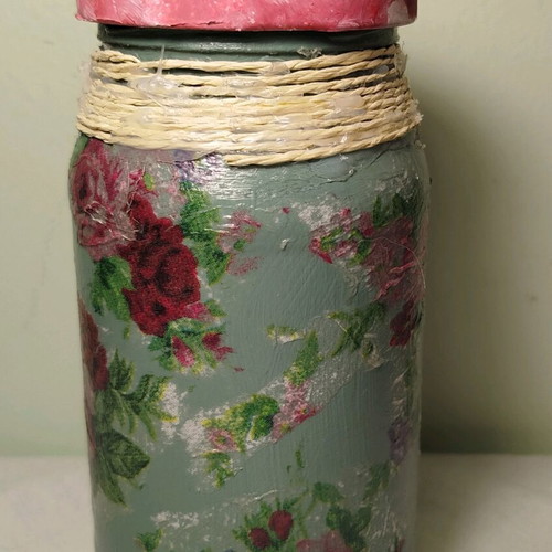 Glass decoupage jar like new, handmade and painted