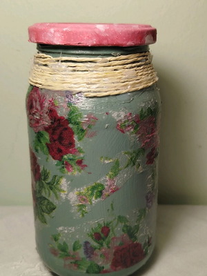 Glass decoupage jar like new, handmade and painted