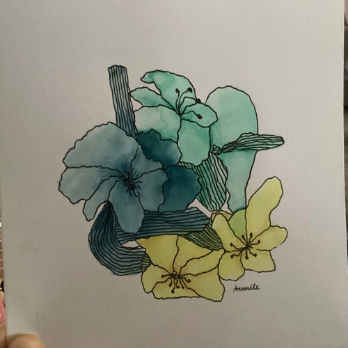 Abstract hand-painted flowers new, watercolor and colored pencils