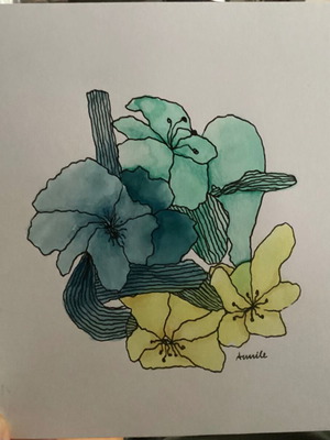 Abstract hand-painted flowers new, watercolor and colored pencils