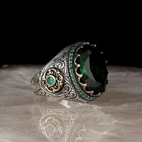 Men's ring with emerald and zircon new, silver plated