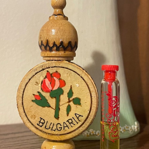Vintage handmade wooden box with small Rosa mouth perfume used, traditional from Bulgaria