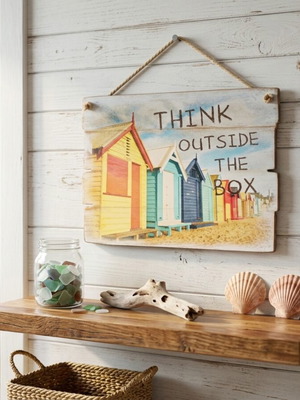 Ρουστίκ ξύλινη πινακίδα "Think Outside The Box" σαν καινούργια