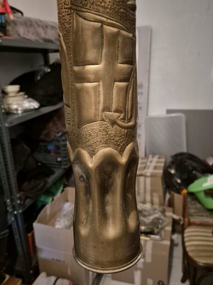 World War I Trench Art used, 75mm carved shell casing