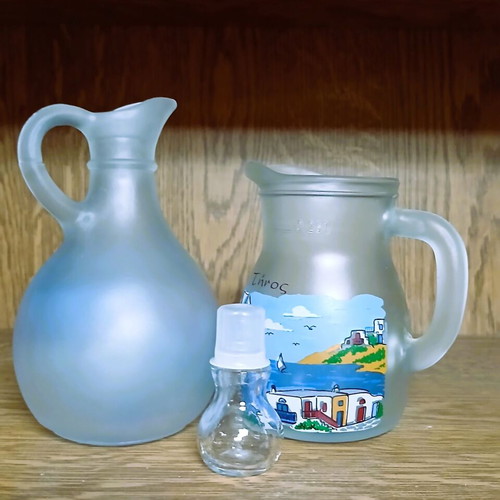Glass souvenir pitchers from Tinos, like new, set of two 250ml
