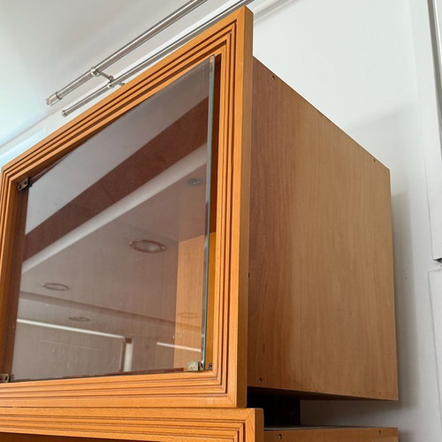 Wooden wall showcase with glass door used, vintage style