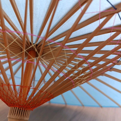 Chinese handmade umbrella used, bamboo wood and fabric (80s)