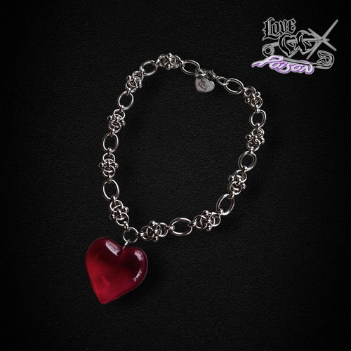 Love X Poison Handmade Stainless Steel Chainmail Choker Necklace with Red Glass Heart Pendant
