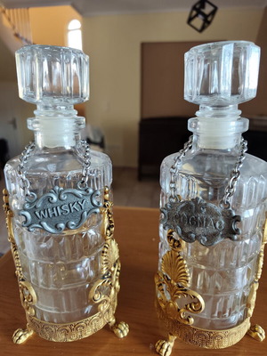 Crystal bottles and ice container with gold accents