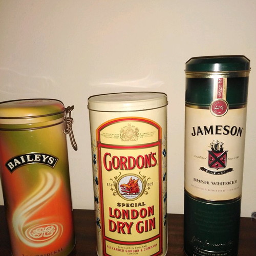 Collectible metal whisky, liqueur and gin boxes used, set of 3