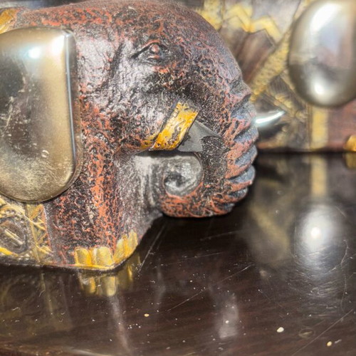Elephant candle holder and box set used, Indian folk art