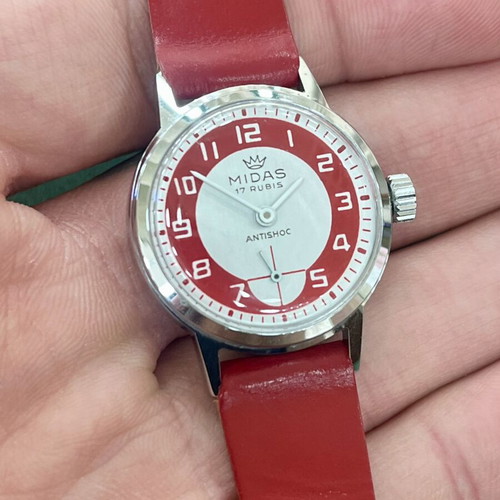 Midas Vintage mechanical wristwatch like new, white and red