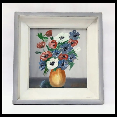 Vintage Scandinavian painting flowers in vase signed K.G.V.46 used