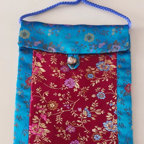 Traditional Silk Satin Floral Bag with Closure and Cord, like new