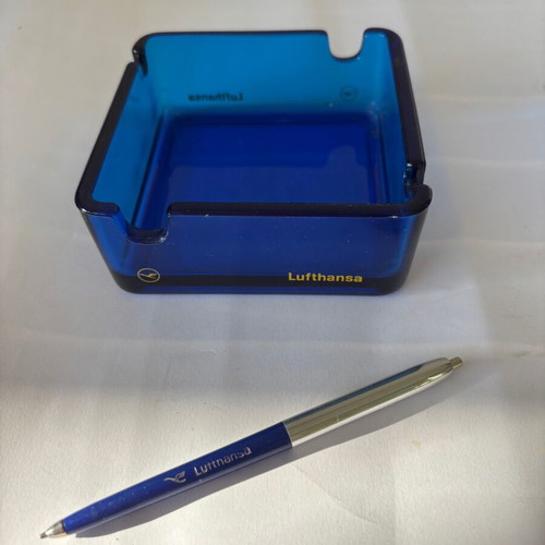 Lufthansa collectible glass ashtray and pen used
