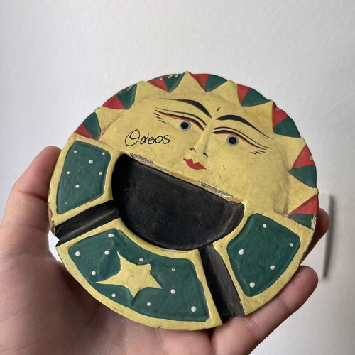 Vintage wooden ashtray Thasos with sun and moon design, used