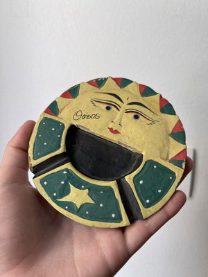Vintage wooden ashtray Thasos with sun and moon design, used