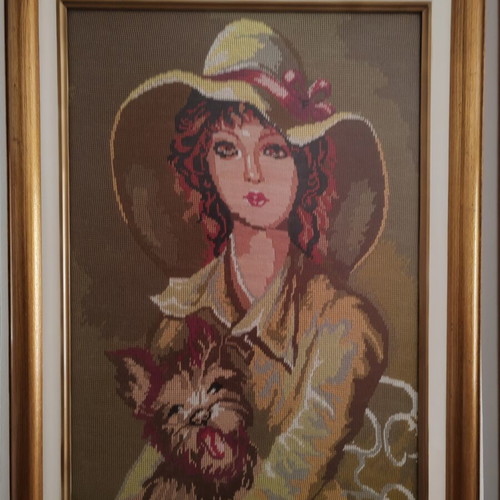 Vintage embroidered frame woman with dog used