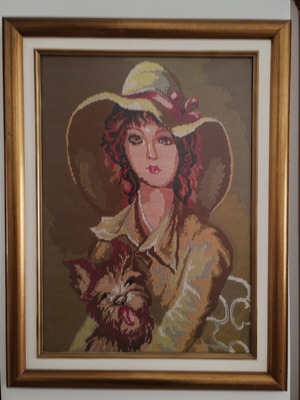 Vintage embroidered frame woman with dog used