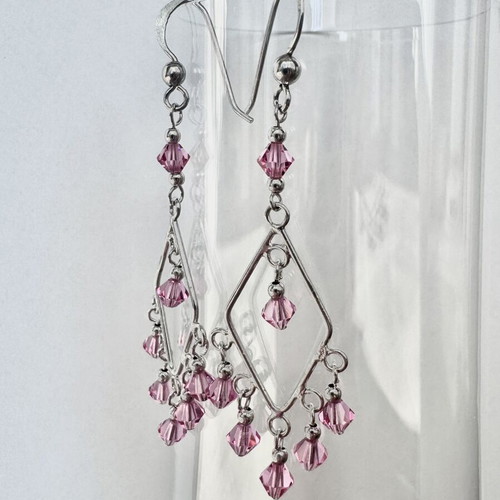 925 Sterling Silver Swarovski Crystal Pink Chandelier Earrings like new