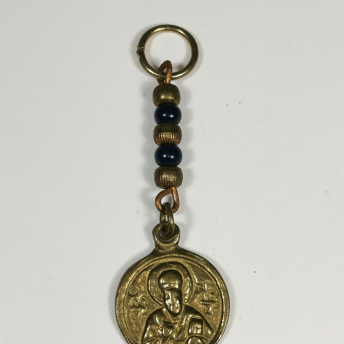 Christian bronze keychain used with Saint Nicholas image vintage