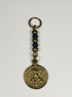 Christian bronze keychain used with Saint Nicholas image vintage