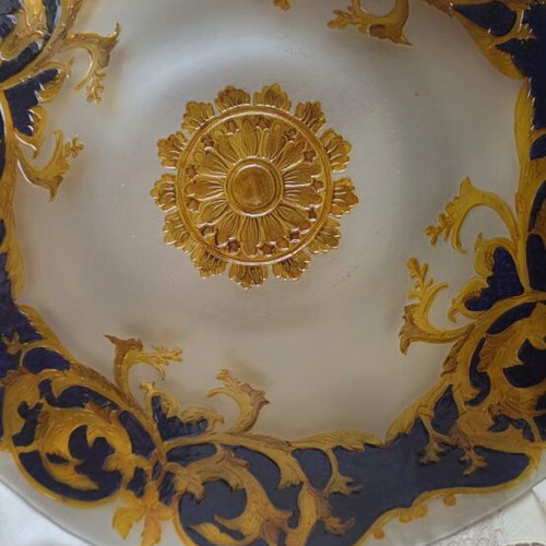 Vintage baroque style platter with gold and blue embossed design, like new