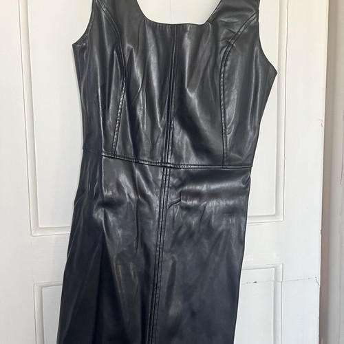 Pink Woman faux leather mini black dress