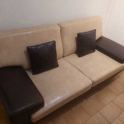 Sofa like new, genuine leather beige and brown with leather cushions