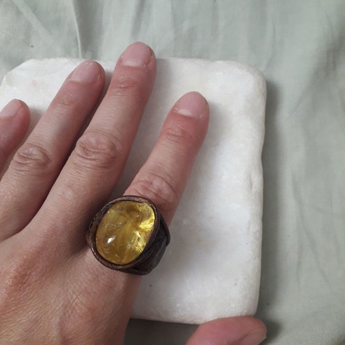 Vintage ring used, handmade leather with semi-precious stone
