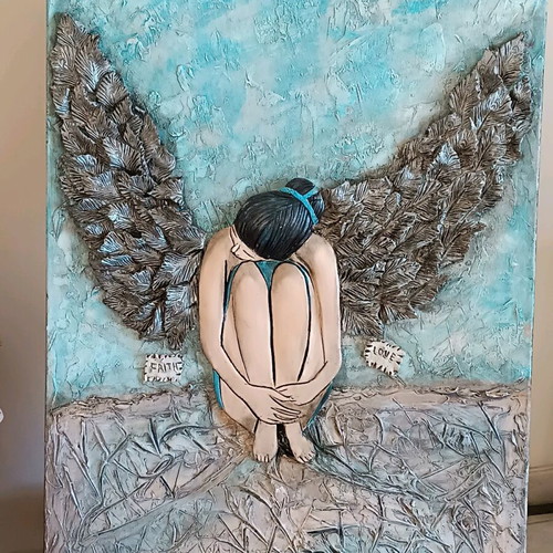 Canvas painting with handmade clay wings, new, 0.80×0.60 m
