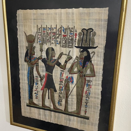 Handmade painting on Egyptian papyrus with frame used
