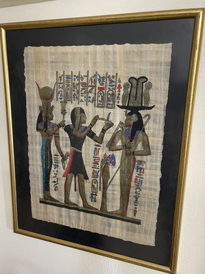 Handmade painting on Egyptian papyrus with frame used