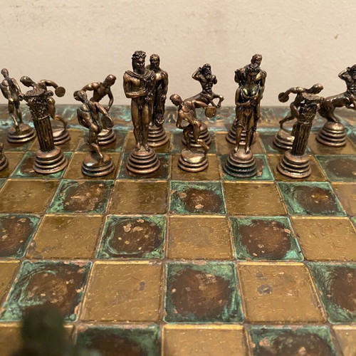 Handmade chess set with ancient Greek characters, vintage, used, missing 2 pieces