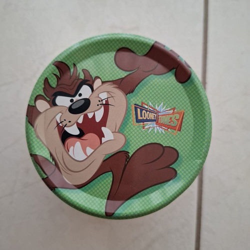 Apple round metal storage tin with Looney Tunes '00, like new