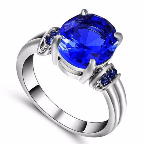 Ring with blue cubic zirconia, white rhodium, new