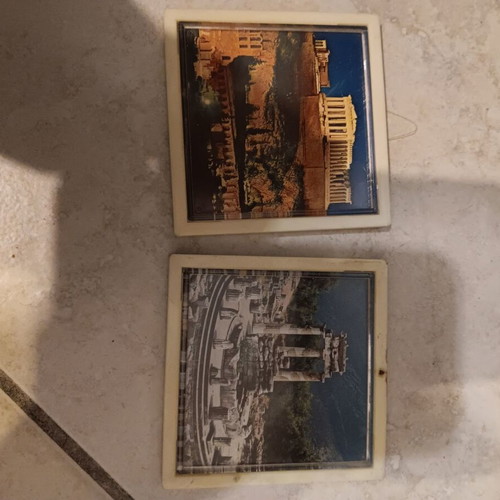 Very small art prints used, coaster size