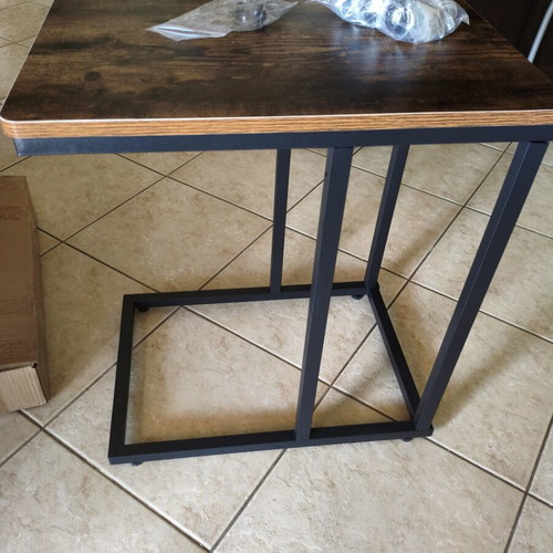 Wooden side table with metal base and wheels