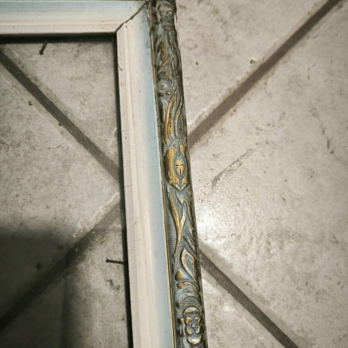 Vintage picture frame with glass used, gold and blue with embossed designs