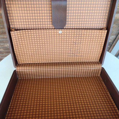 Vintage briefcase used, brown with checked lining