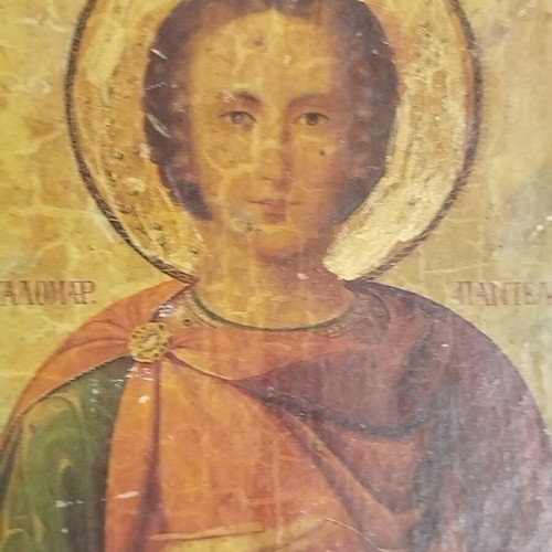 Saint Panteleimon Icon used, vintage style wooden base