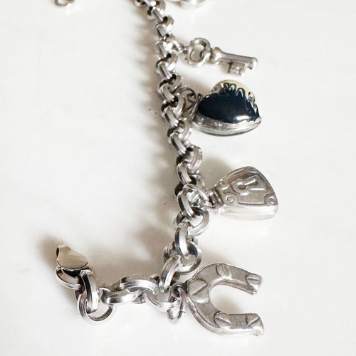 Vintage silver 925 bracelet with charms and ceramic heart used