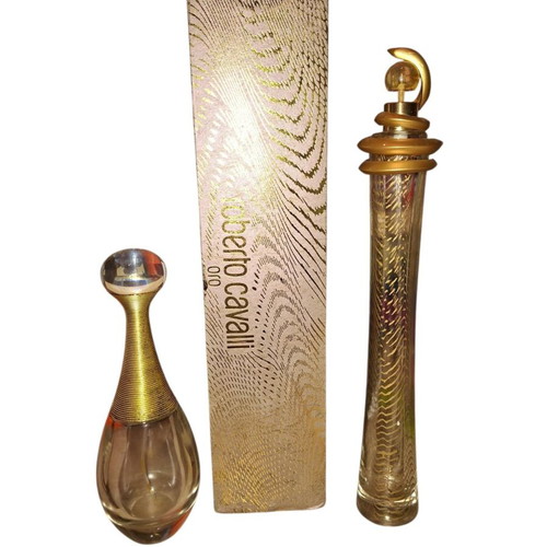 Roberto Cavalli Oro and Christian Dior J'adore empty perfume bottles