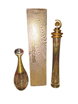 Roberto Cavalli Oro and Christian Dior J'adore empty perfume bottles
