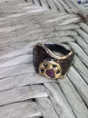 Large handmade silver (925) ring with ruby and 22k gold plating, like new