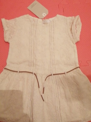 Baby dress 9-12 months beige with belt and back buttons, new