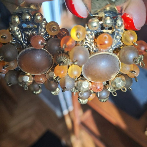 Vintage Italian long earrings with clips and topaz coral beads
