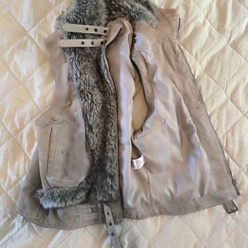 Topshop real leather vest used, aviator style with faux fur trim